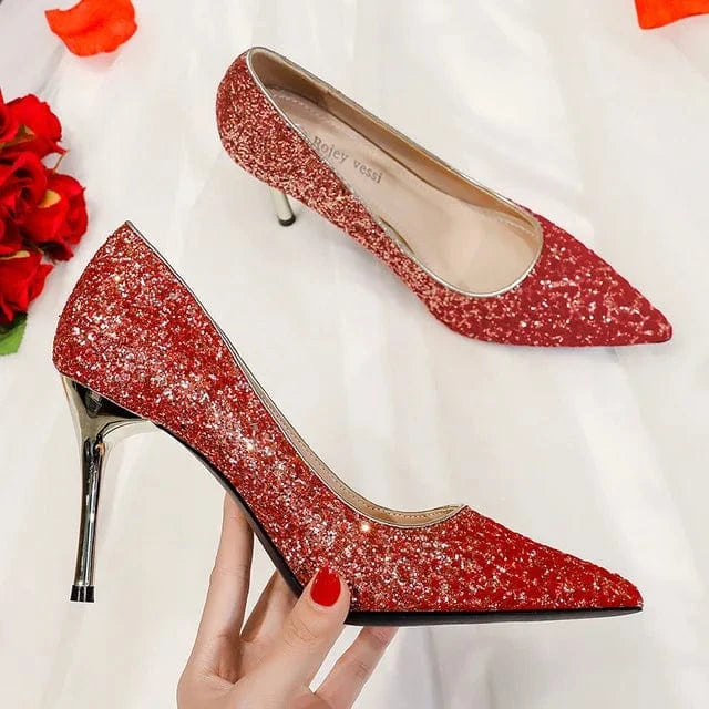 Women Sexy Sequined Stiletto Pointed Toe High Heels New Fashion Ladies Bridal Wedding Shoes Red Pump Heels