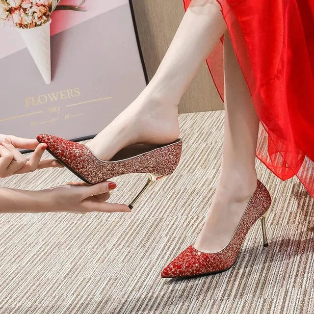 Women Sexy Sequined Stiletto Pointed Toe High Heels New Fashion Ladies Bridal Wedding Shoes Red Pump Heels