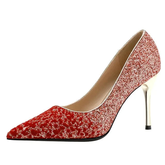 Women Sexy Sequined Stiletto Pointed Toe High Heels New Fashion Ladies Bridal Wedding Shoes Red Pump Heels