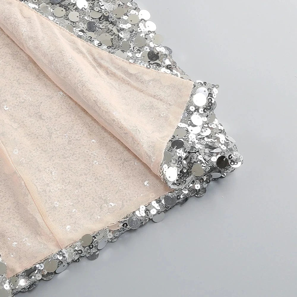 Women sexy silver sequin round neck back hollowed out high slit long sleeve floor-length dress luxury style evening dress