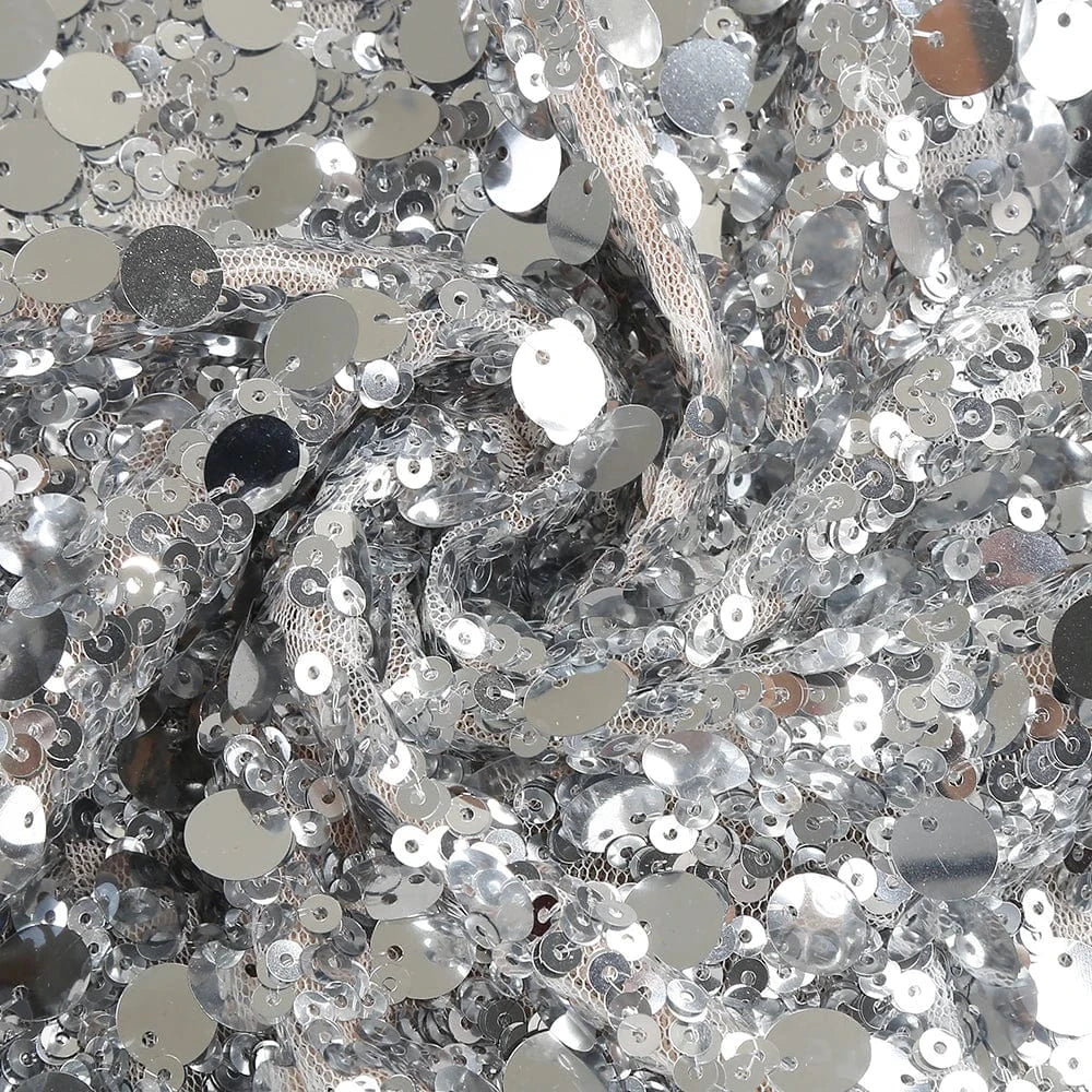 Women sexy silver sequin round neck back hollowed out high slit long sleeve floor-length dress luxury style evening dress