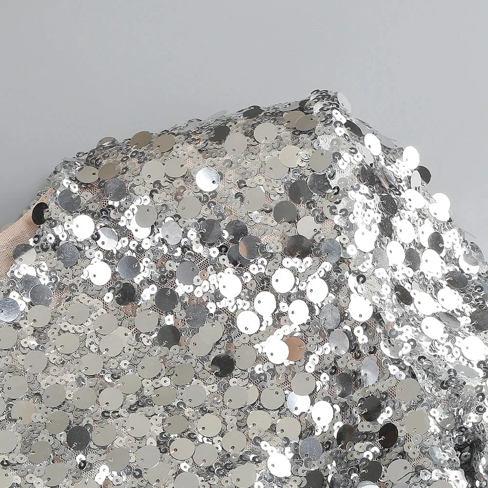 Women sexy silver sequin round neck back hollowed out high slit long sleeve floor-length dress luxury style evening dress