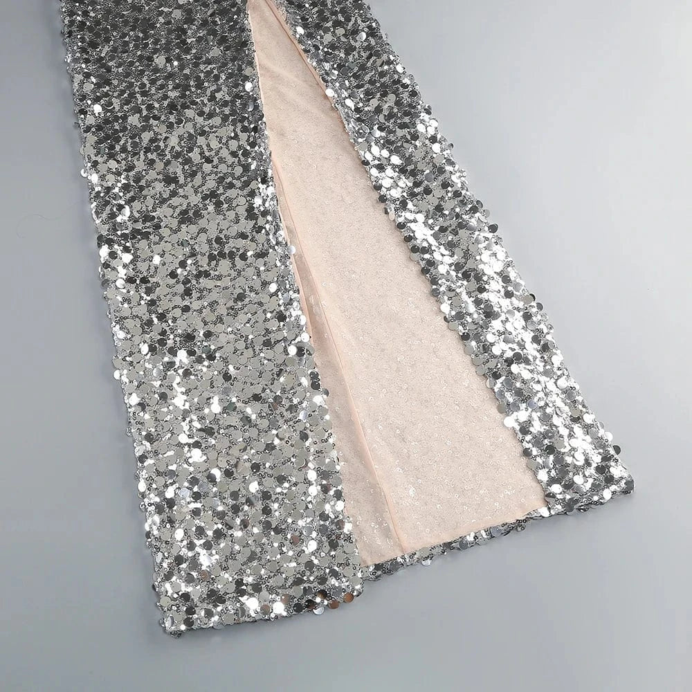 Women sexy silver sequin round neck back hollowed out high slit long sleeve floor-length dress luxury style evening dress