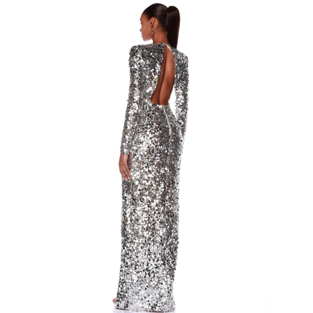 Women sexy silver sequin round neck back hollowed out high slit long sleeve floor-length dress luxury style evening dress