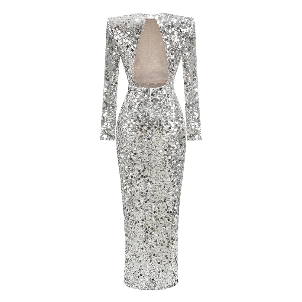 Women sexy silver sequin round neck back hollowed out high slit long sleeve floor-length dress luxury style evening dress