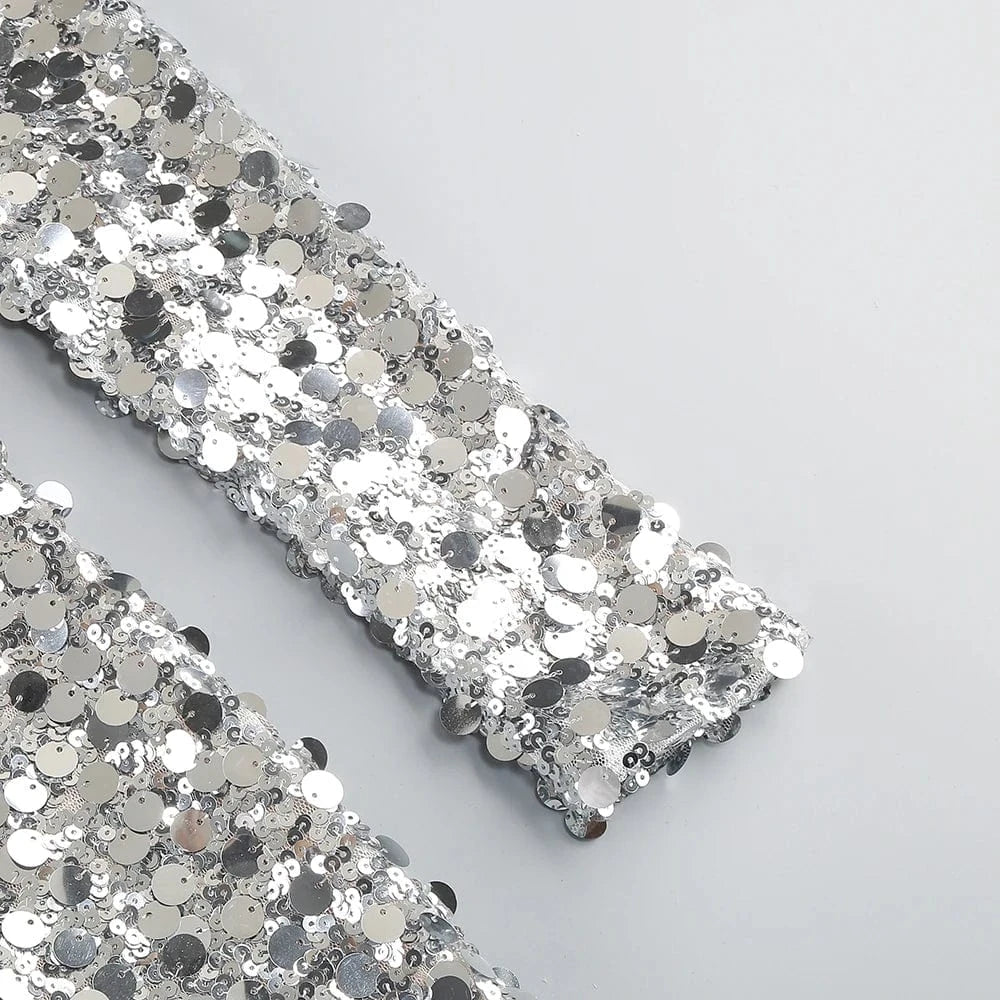 Women sexy silver sequin round neck back hollowed out high slit long sleeve floor-length dress luxury style evening dress