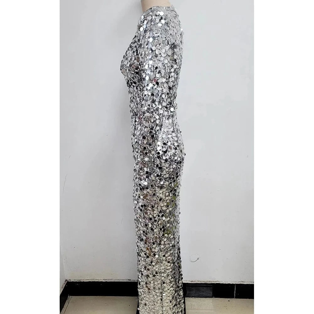Women sexy silver sequin round neck back hollowed out high slit long sleeve floor-length dress luxury style evening dress