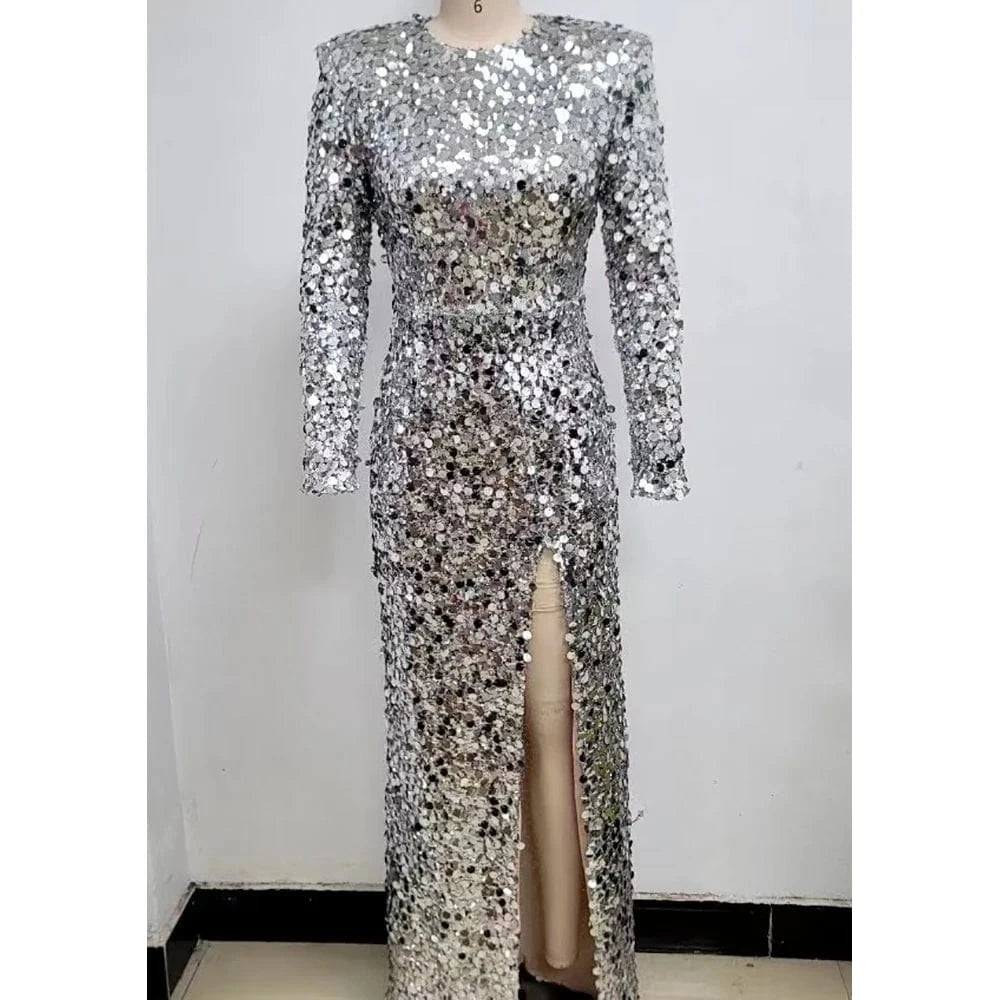 Women sexy silver sequin round neck back hollowed out high slit long sleeve floor-length dress luxury style evening dress