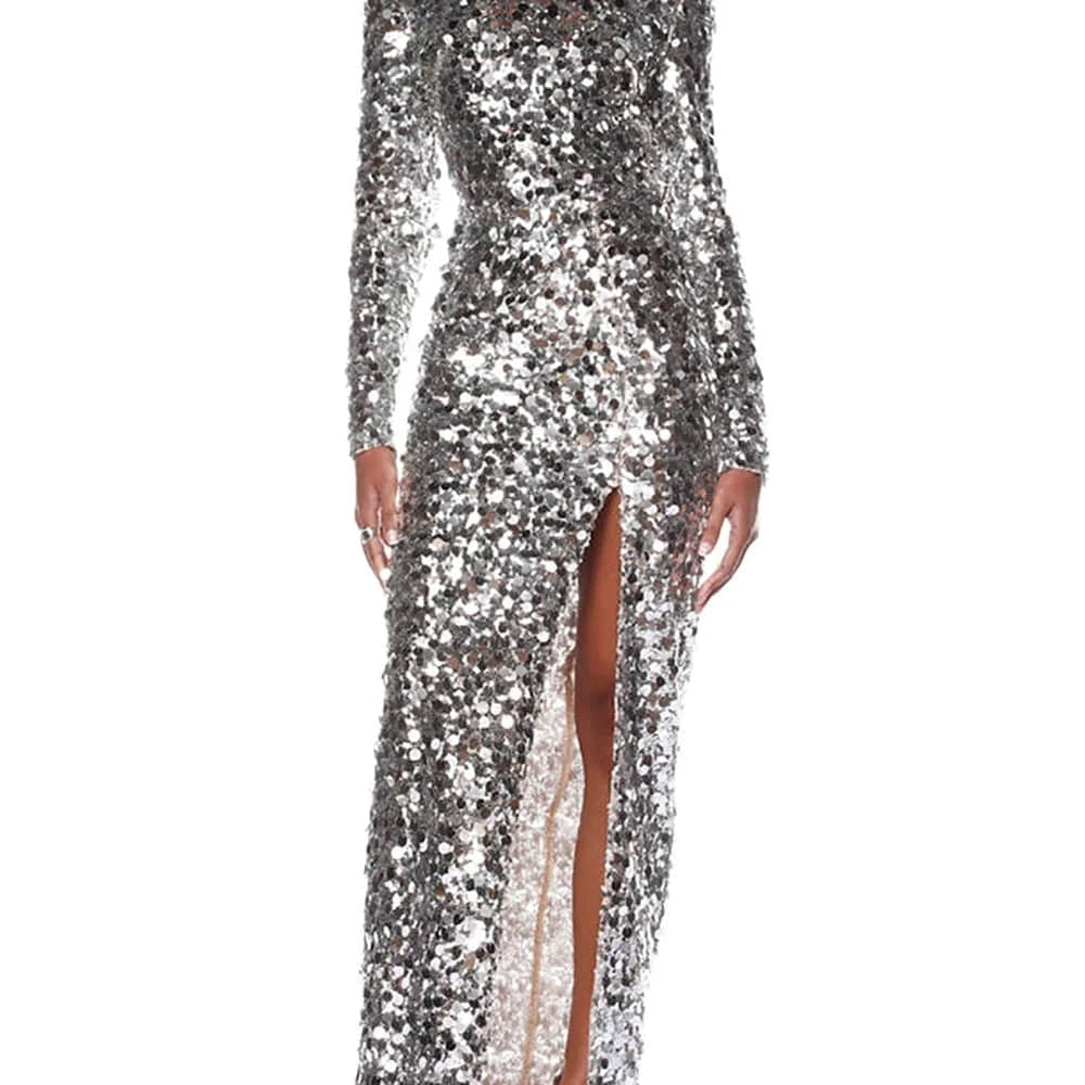 Women sexy silver sequin round neck back hollowed out high slit long sleeve floor-length dress luxury style evening dress
