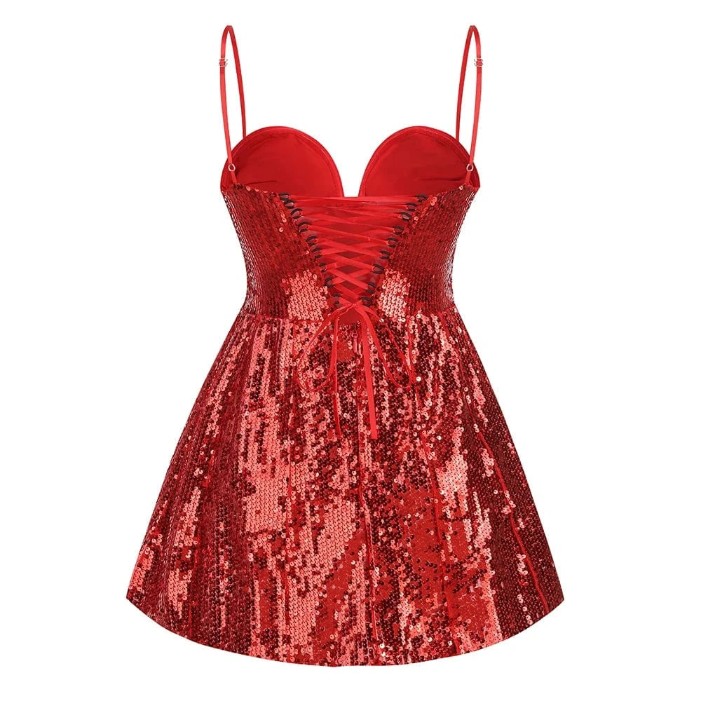 Women Sexy Sleeveless Slip Mini Dress Sparkly Sequins Red Bandage Dress Elegant Evening Party Female Fashion Style