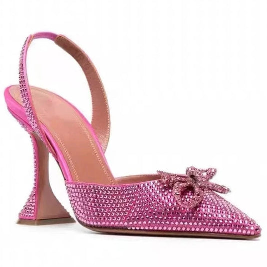 Women Shoes 2023 Casual Rhinestone Bowknot Decor Mujer Shoes Pointed-toe Slingback High Heel Sandals For Ladies Shopping Sandals