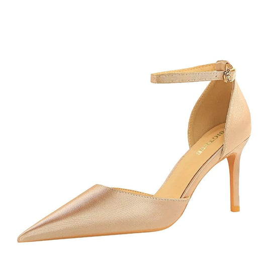 Women Shoes 2023 Comfortable Silk Satin Pointed-toe Shoe Hollow Out Ankle Strap High Heels Sandals Ladies Dating Shopping Sandal