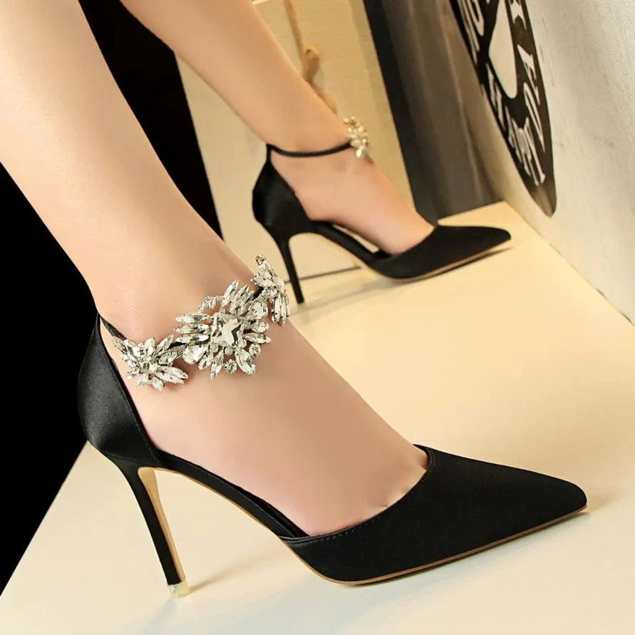 Women Shoes 2023 Elegant Rhinestone Decor Silk Satin Shoes Pointed-toe Hollow Out Thin Heels Sandals Ladies Banquet Party Sandal