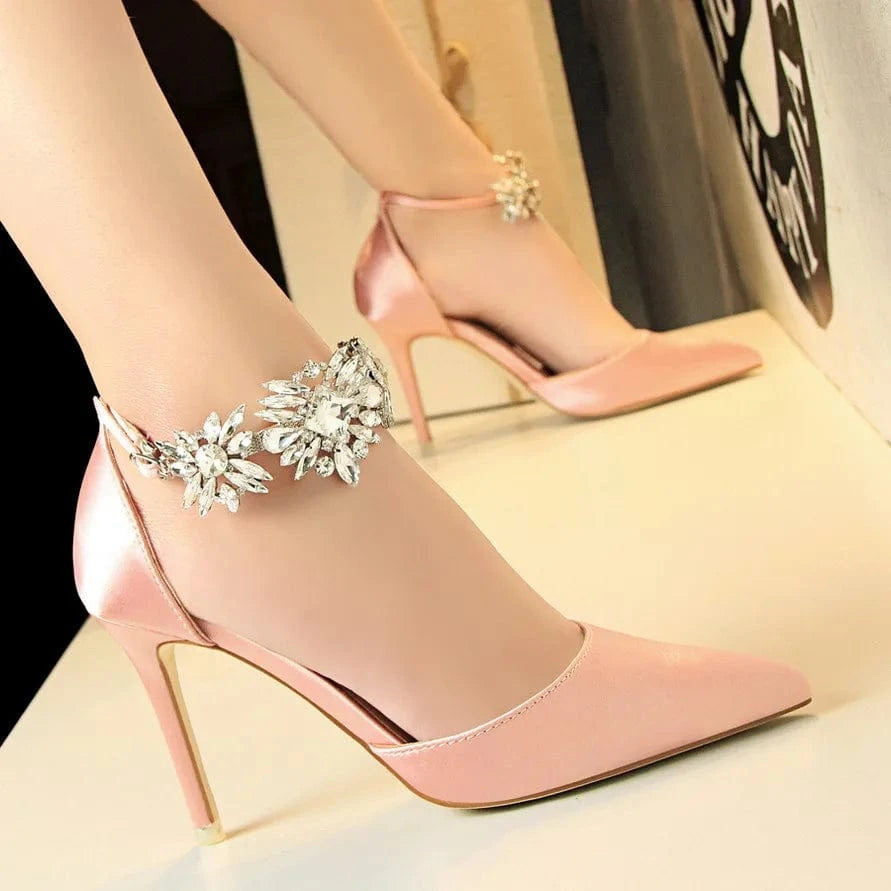 Women Shoes 2023 Elegant Rhinestone Decor Silk Satin Shoes Pointed-toe Hollow Out Thin Heels Sandals Ladies Banquet Party Sandal
