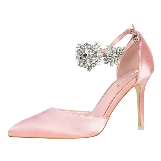 Women Shoes 2023 Elegant Rhinestone Decor Silk Satin Shoes Pointed-toe Hollow Out Thin Heels Sandals Ladies Banquet Party Sandal