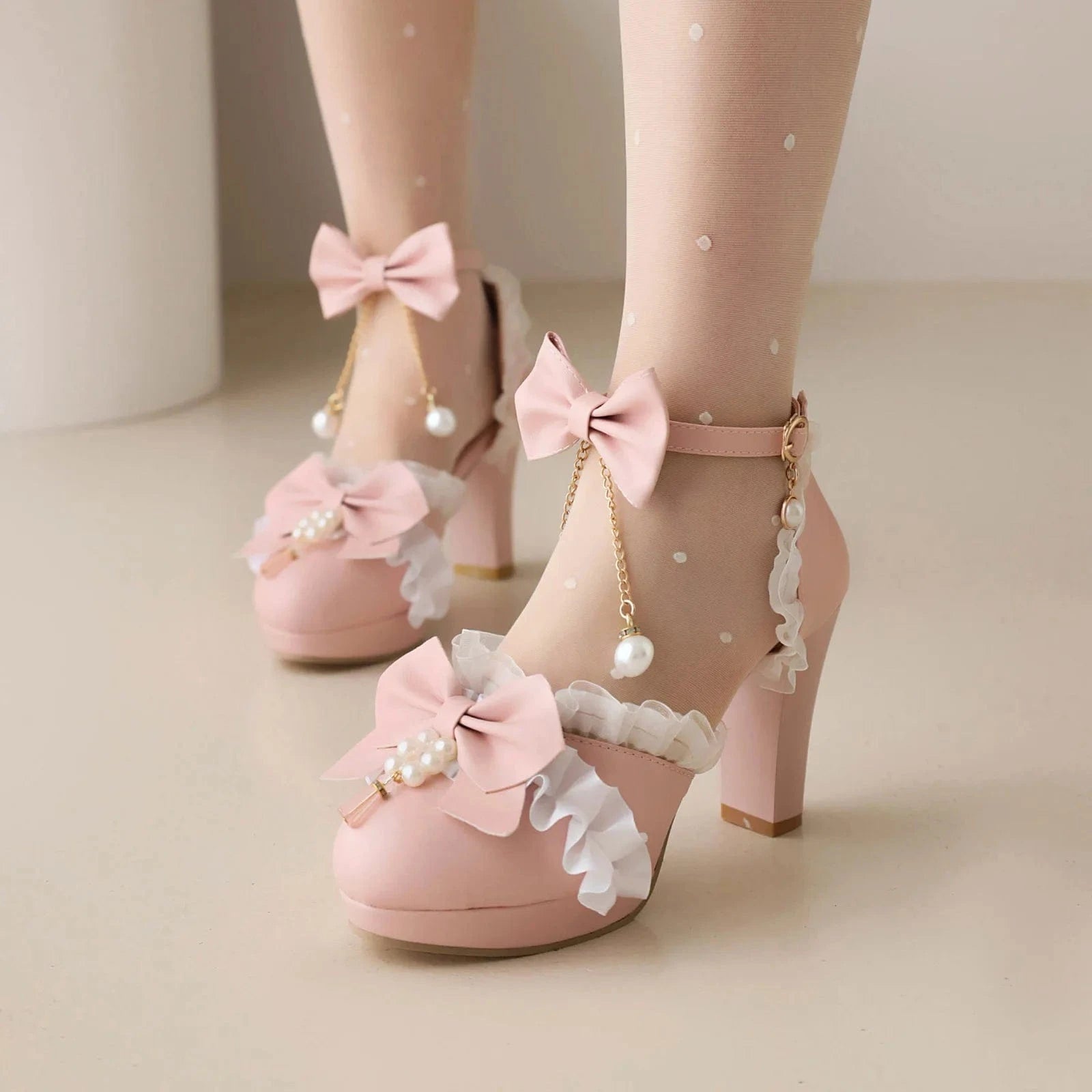 Women Shoes 2023 Fashion Bowknot Pearls Lace Decor PU Shoes Ankle Strap Hollow Out High Heel Sandals Ladies Lolita Dress Sandals