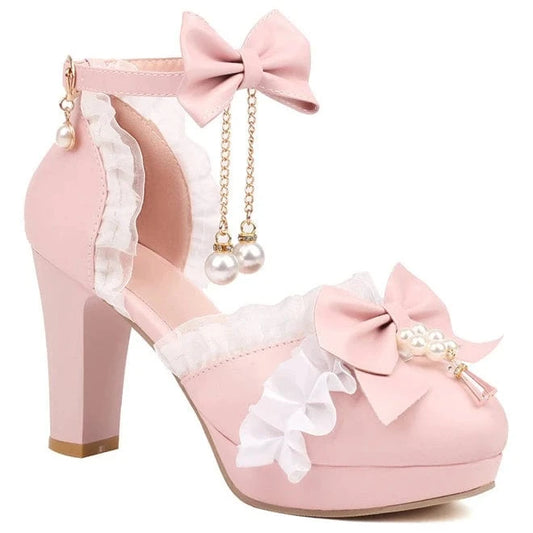 Women Shoes 2023 Fashion Bowknot Pearls Lace Decor PU Shoes Ankle Strap Hollow Out High Heel Sandals Ladies Lolita Dress Sandals