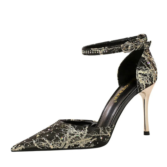 Women Shoes 2023 Vintage Rhinestone Decor Silk Satin Shoes Pointed-toe Ankle Strap Thin Heeled Sandals For Ladies Annual Meeting