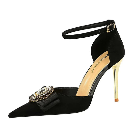 Women Shoes 2023 Vintage Rhinestone Metal Buckle Suede Sandalias Hollow Out Ankle Strap High Heels Sandals Ladies Shopping Shoes