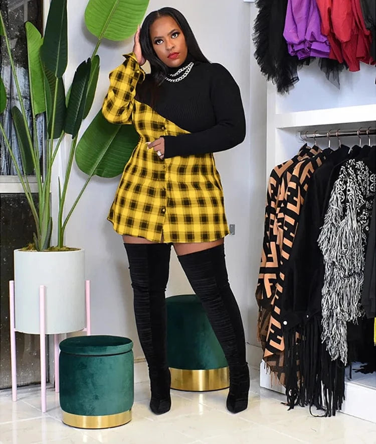 Women Short Plaid Shirt Dress Long Sleeve Fall Asymmetric Office Casual Fashon 2021 Fall Mini Dress