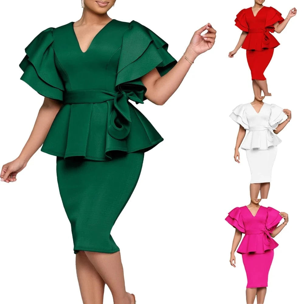 Women Short Sleeve V-Neck Ruffle Sleeve Peplum Bodycon Midi Dress 2025 Latest Fashion Summer African OL Work Evening Party Dress