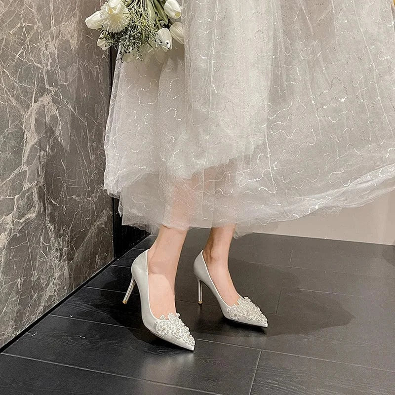 Women Silk Satin Bridal Wedding Shoes Pointed Toe Pearls Elegant Classy Dress Shoes For Banquets High Heels Pumps Stilettos