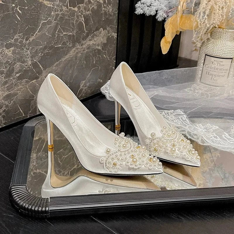 Women Silk Satin Bridal Wedding Shoes Pointed Toe Pearls Elegant Classy Dress Shoes For Banquets High Heels Pumps Stilettos