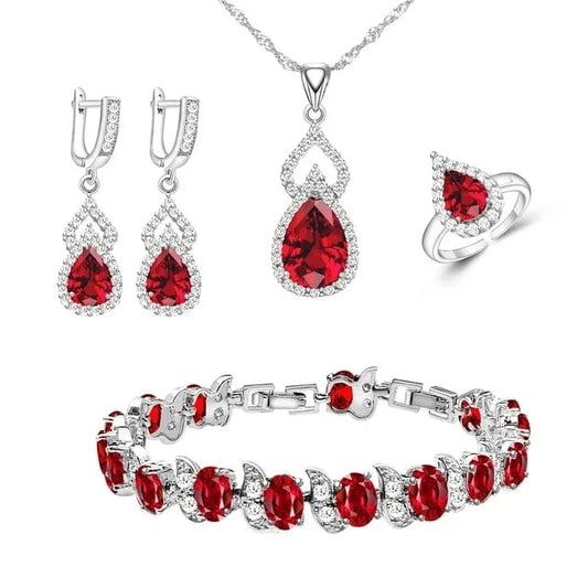 Women Silver 925 Custom Jewelry Sets Red Garnet Earrings Necklace Open Ring Bracelets Set for Mom/Wife/Friend