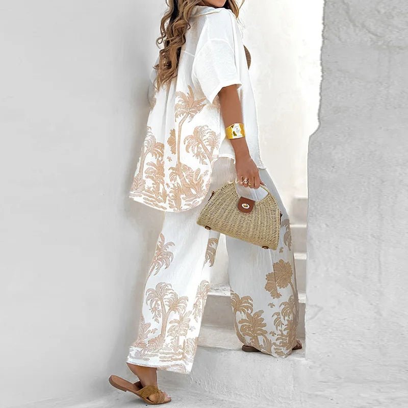 Women Single - Breasted Printing Fashion Outfit, Spring Summer Cardigan Top Straight Pants 2PCS Sets, Loose Elegant Ladies Suits - SN Wigs & More