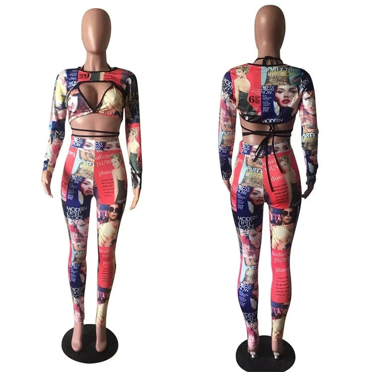 Women Skinny O-Neck Long Sleeve Streetwear Female Outfits Clubwear Legging Newspaper Pants Two Piece Set Tights And Bra Top