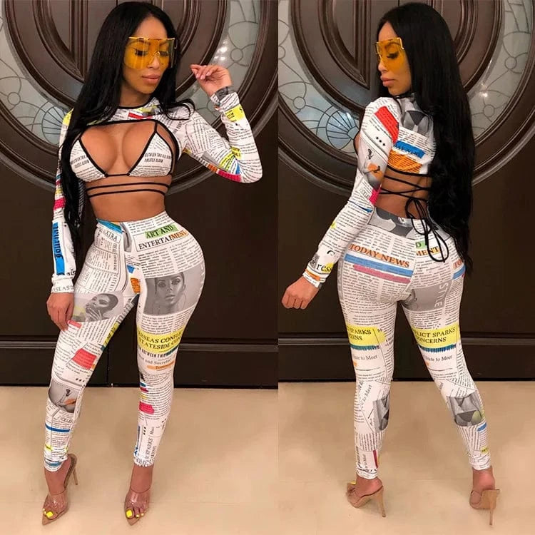 Women Skinny O-Neck Long Sleeve Streetwear Female Outfits Clubwear Legging Newspaper Pants Two Piece Set Tights And Bra Top