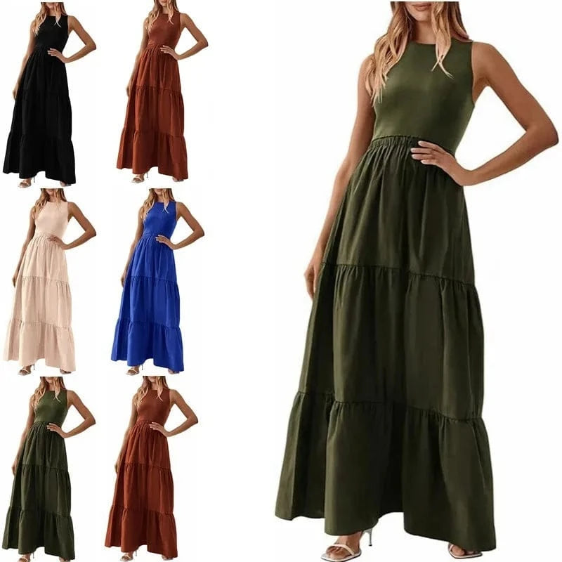 Women Sleeveless Dress with Round Neck Swing Maxi Dress Polyester Long Skirt Crew neck patchwork pit strip sleeveless vest dress