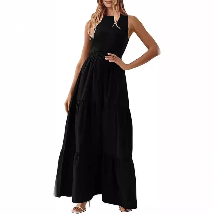Women Sleeveless Dress with Round Neck Swing Maxi Dress Polyester Long Skirt Crew neck patchwork pit strip sleeveless vest dress