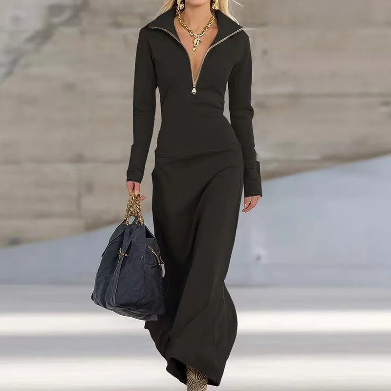 Women Slim Fit Maxi Dress Autumn Long Sleeve Simple Party Dress Half Open Collar Patchwork Zipper Casual Ladies Dress Streetwear - SN Wigs & More