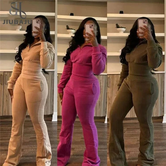 Women Solid 2 Piece Set Tracksuits Long Sleeve Zipper Pullover Sweatshirts Crop Top + Flare Pants Casual Streetwear Suit