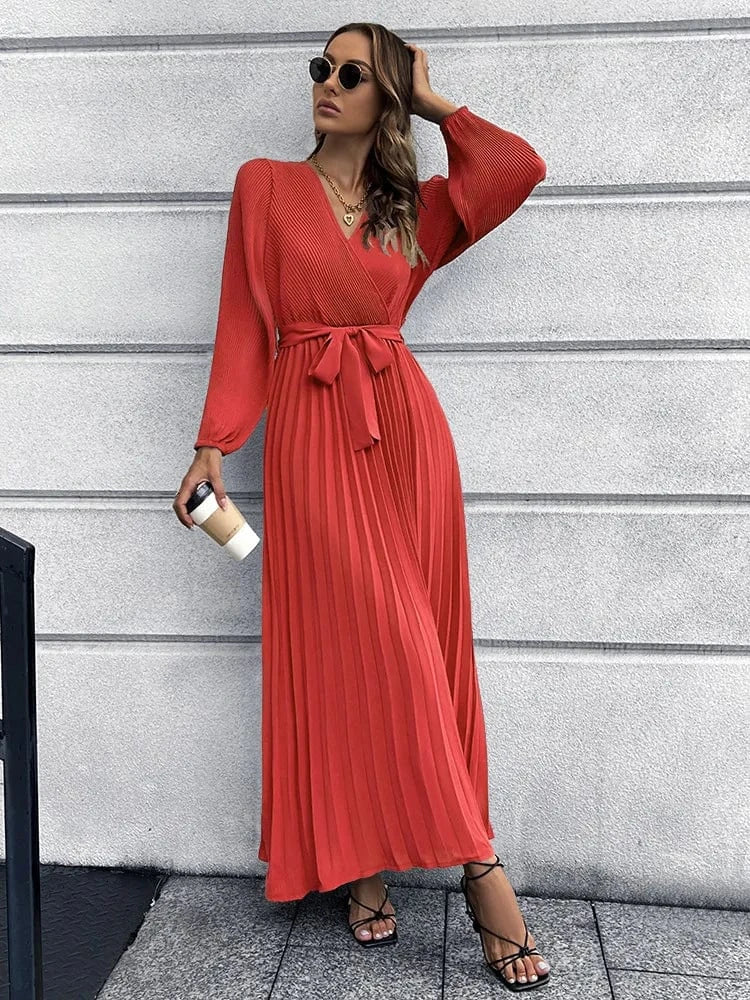 Women solid Bohemia V-Neck Long Sleeve Pleated A-Line Maxi Dresses Lady casual dresses
