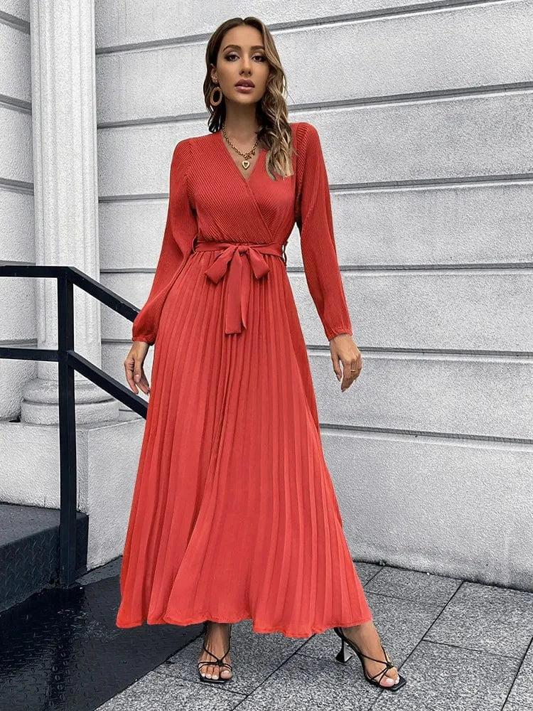 Women solid Bohemia V-Neck Long Sleeve Pleated A-Line Maxi Dresses Lady casual dresses