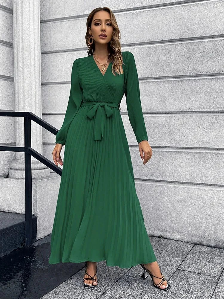 Women solid Bohemia V-Neck Long Sleeve Pleated A-Line Maxi Dresses Lady casual dresses