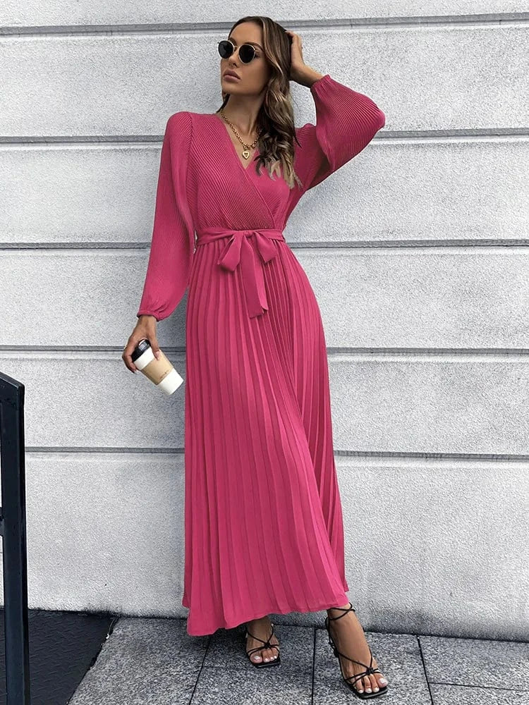 Women solid Bohemia V-Neck Long Sleeve Pleated A-Line Maxi Dresses Lady casual dresses