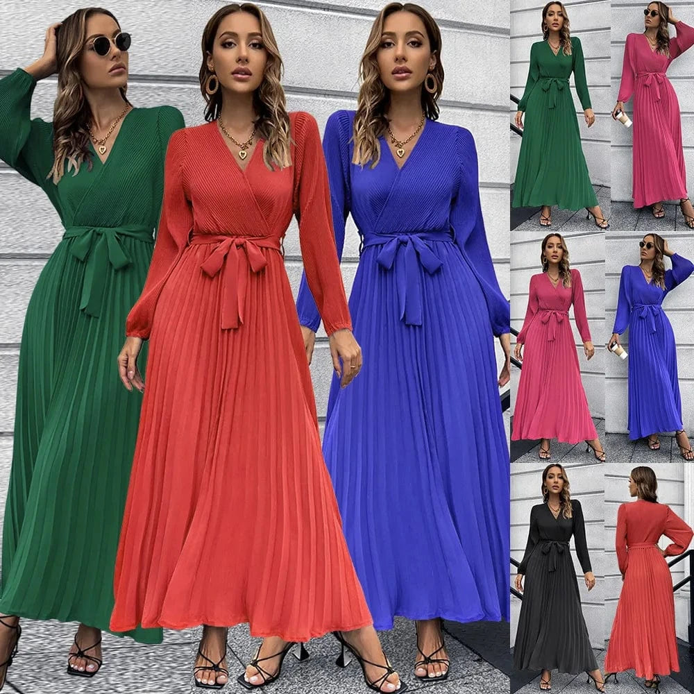 Women solid Bohemia V-Neck Long Sleeve Pleated A-Line Maxi Dresses Lady casual dresses