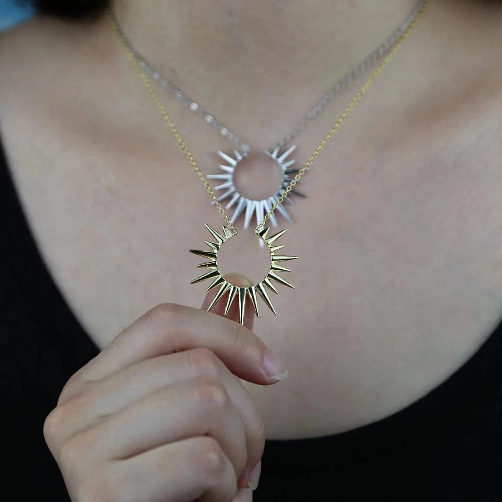 women spike round charm pendant necklace with silver color plated statement spike necklace jewelry for wedding party gift