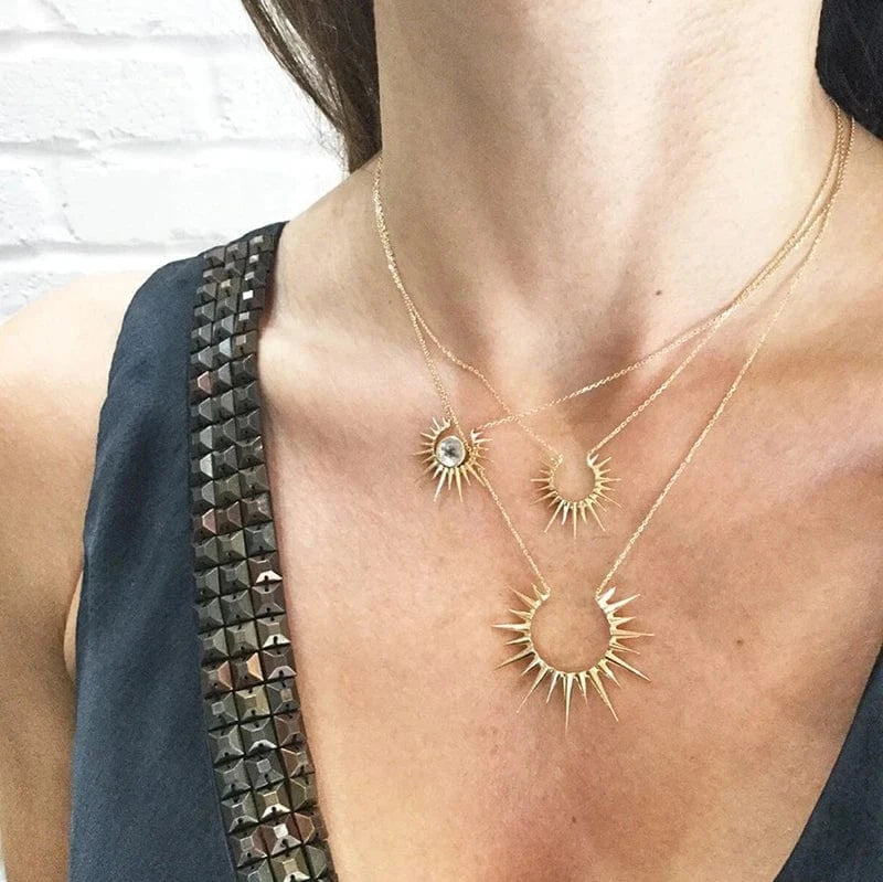 women spike round charm pendant necklace with silver color plated statement spike necklace jewelry for wedding party gift