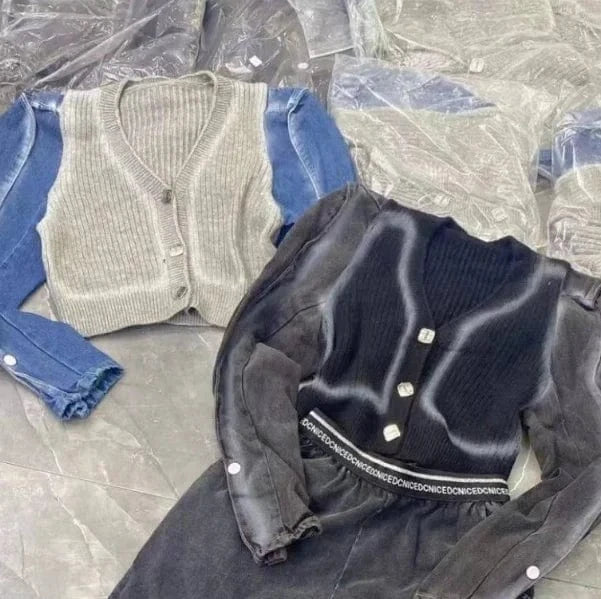 Women Spring Suit 2024 New Casual Cardigan Blouse Denim Pants Matching Set Elegant Knitted Sweater Jeans 2 Piece