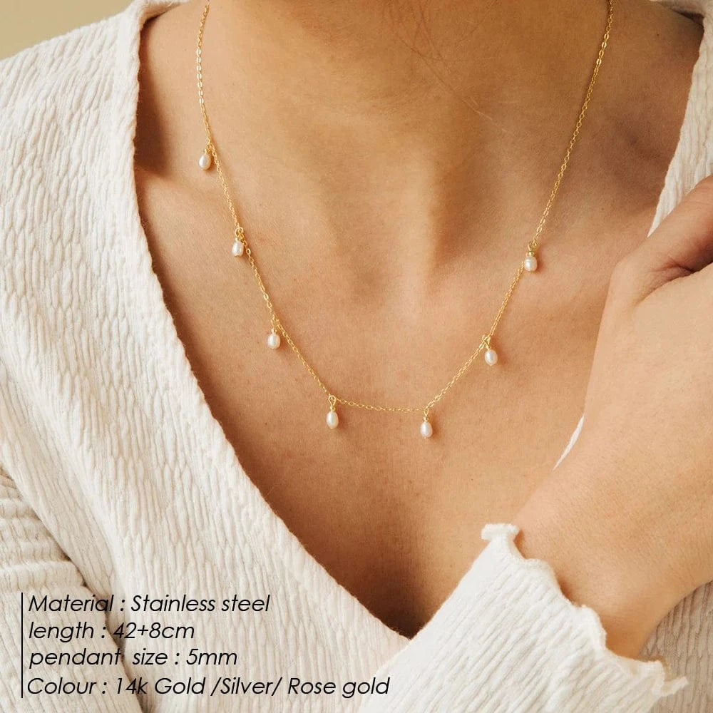 Women Stainless Steel 14k Gold PVD Plated Chain Pearl Necklaces Fine Jewelry Hot Sale