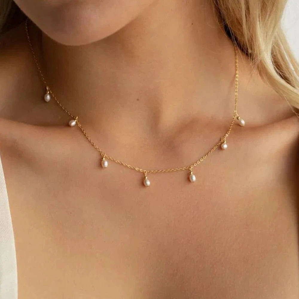 Women Stainless Steel 14k Gold PVD Plated Chain Pearl Necklaces Fine Jewelry Hot Sale