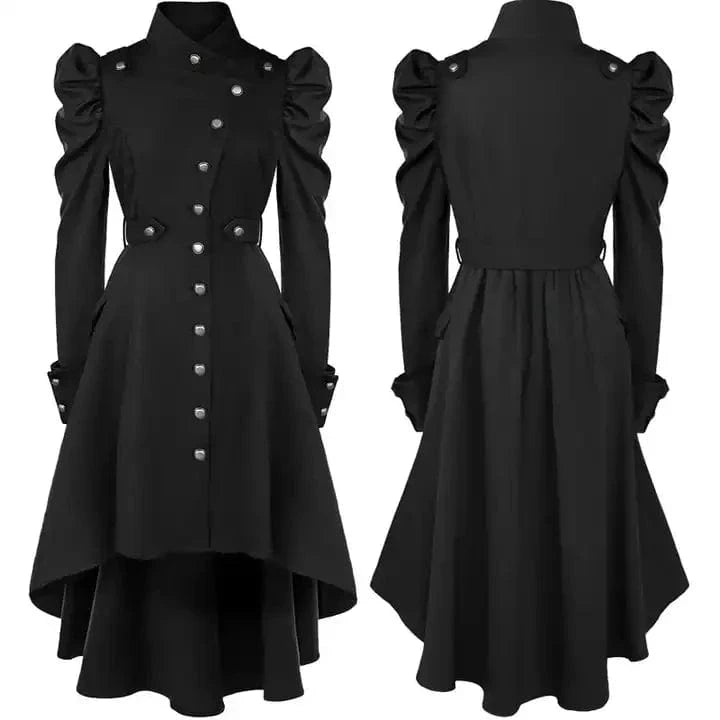 Women Stand-up Collar Slim Fit British Style Sheep Hooves Sleeve Mid-Length Trench Coat Gothic Medieval Coat