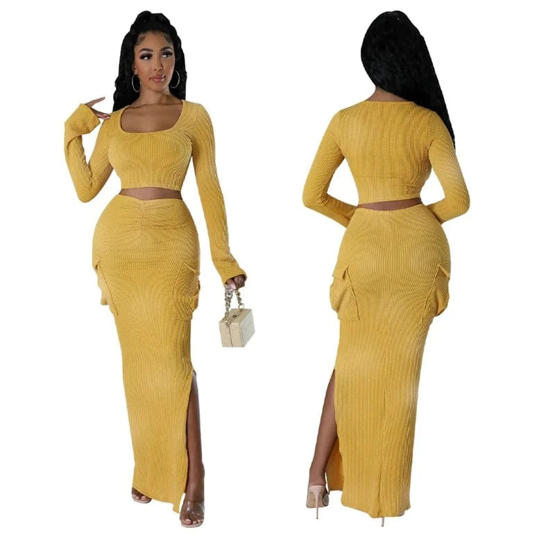 women striped knit midi skirt and long sleeve square collar top 2 pc two piece set spring 2024 clothing clothes outfit for women