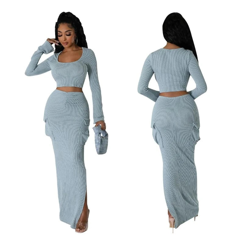 women striped knit midi skirt and long sleeve square collar top 2 pc two piece set spring 2024 clothing clothes outfit for women