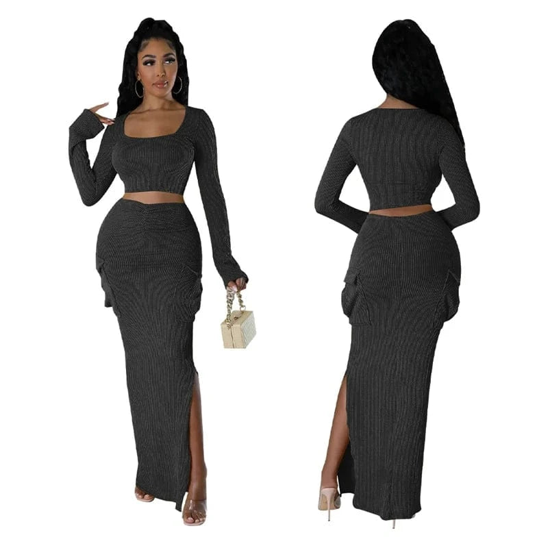 women striped knit midi skirt and long sleeve square collar top 2 pc two piece set spring 2024 clothing clothes outfit for women