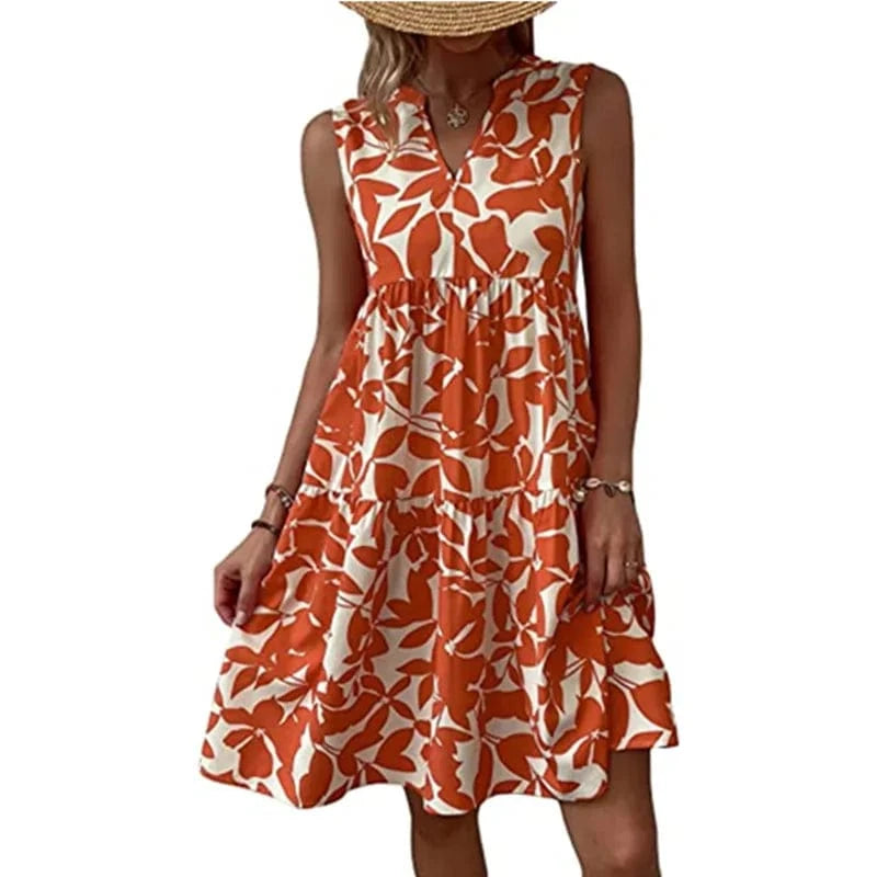 Women Summer 2023 New Arrivals Wholesale Vintage Floral Printed V Neck Lady Mini Bohemian Boho Dress